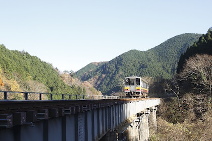温泉地に向けて渓谷を走る鉄道列車